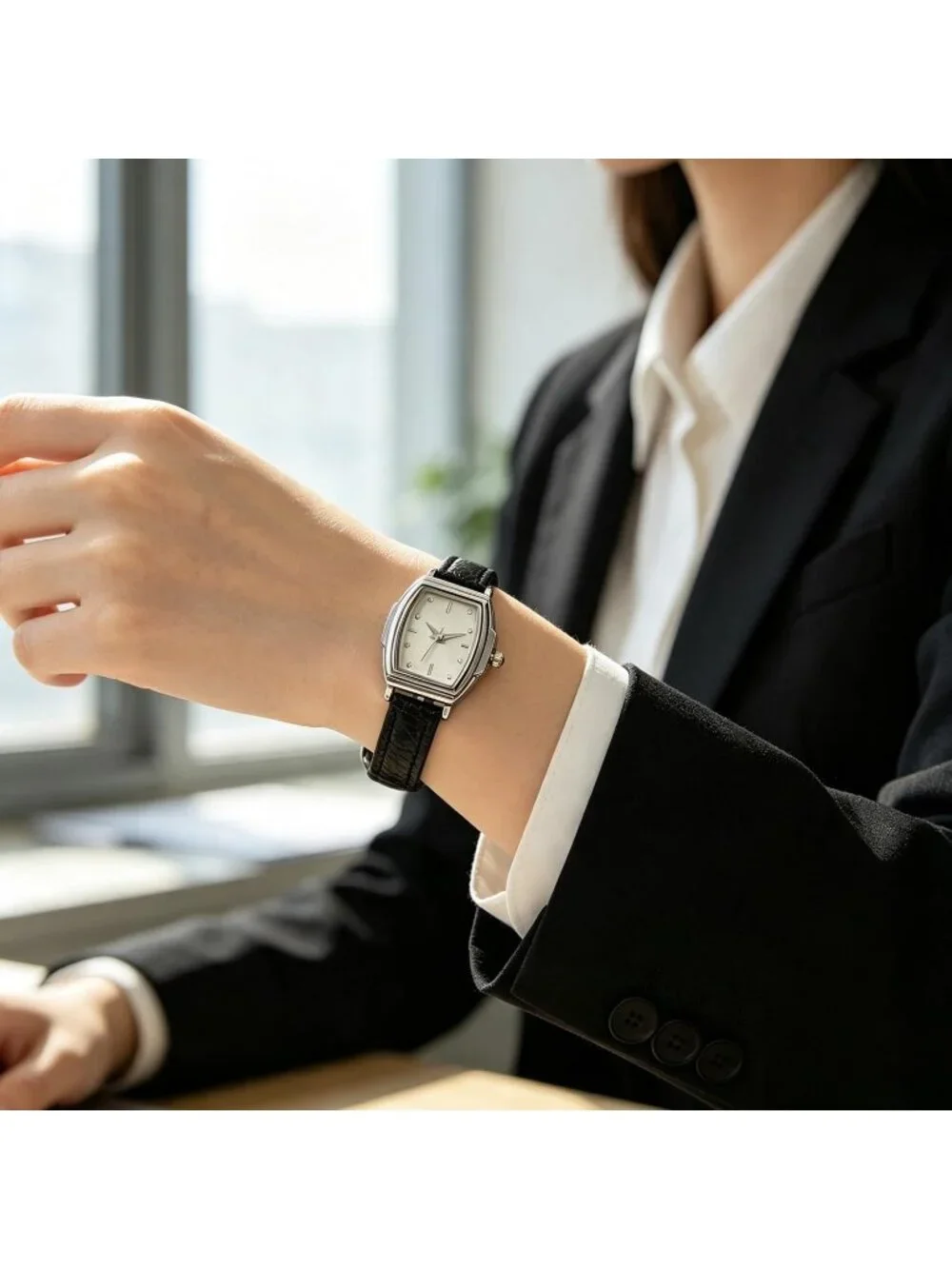 Women's Black White Rectangular Case Metal Case Simple Dial Leather Strap Watch